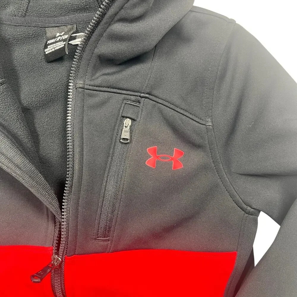 Under Armour Kid's Red Softshell Front Zip Hooded Coat Jacket Fleece Outdoorsy S